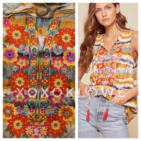 Savanna Jane Tops - Savanna Jane Yellow & Cream Dip Dyed Embroidered Split Neck Top